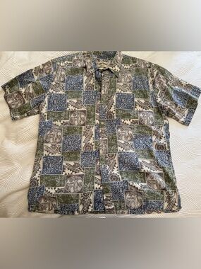 Men's Short-Sleeve Cooke Street Hawaiian Print Shirt - Blue & Green. Size L.